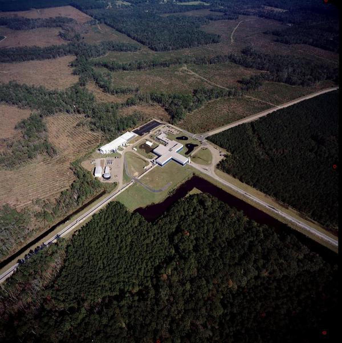 An aerial view of the LIGO detector site near Livingston, US, 2016.