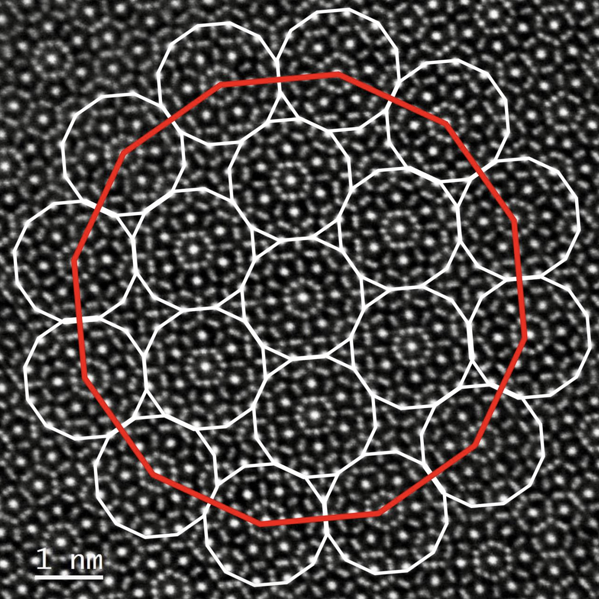 An electron-microscope image of the quasicrystal grain annotated to highlight the 12-fold symmetry.