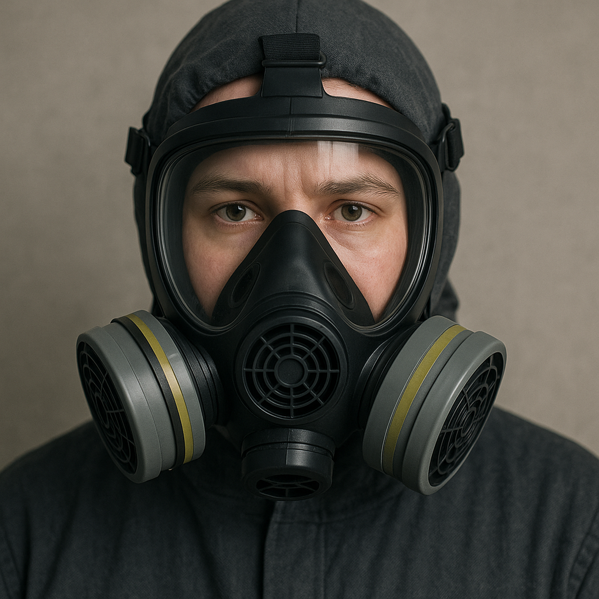 A representative image of a person wearing a full-face respirator. A representative image of a person wearing a full-face respirator.