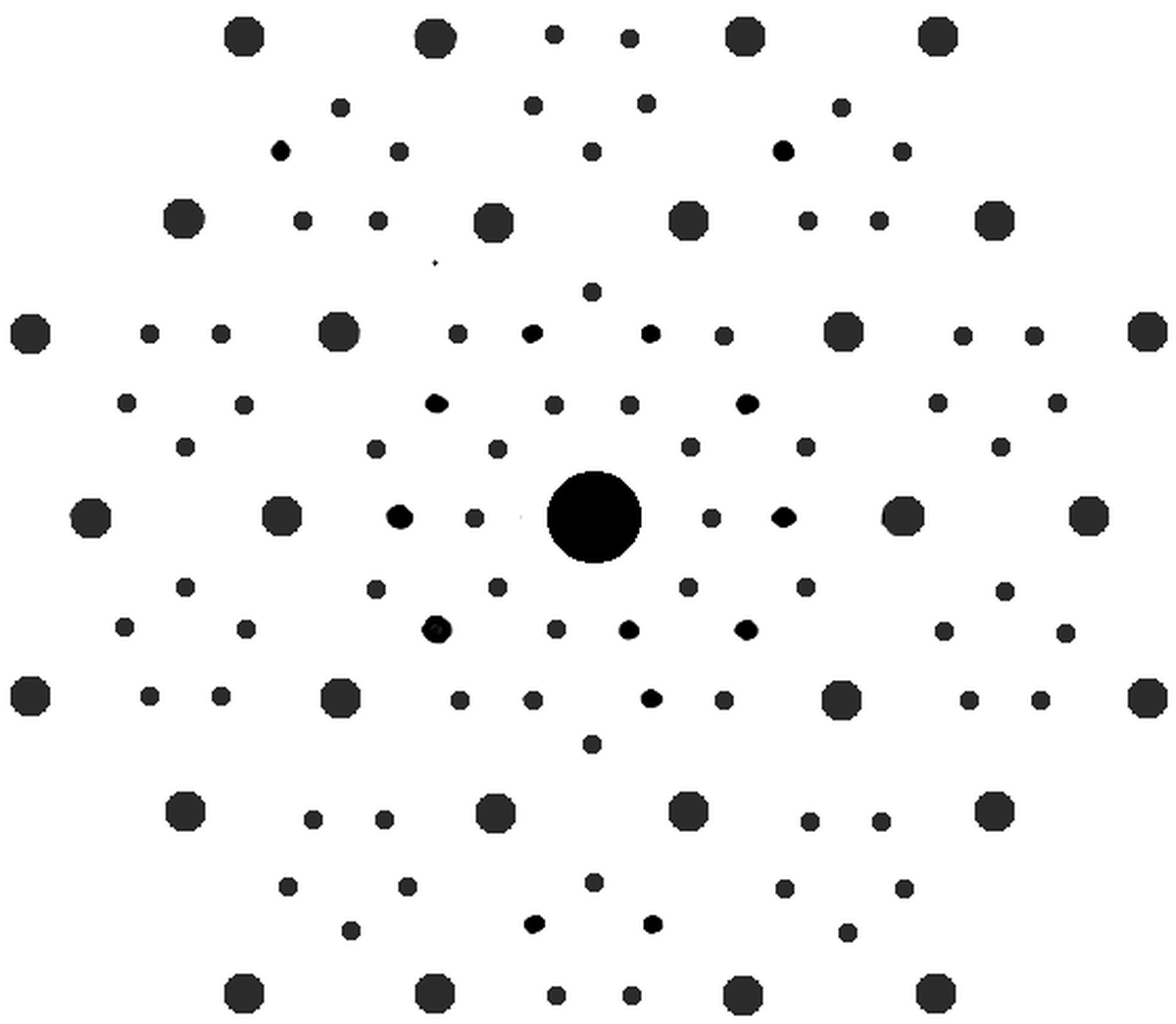 An X-ray diffraction pattern showing the arrangement of atoms in an icosahedrite crystal in the Khatyrka meteorite.