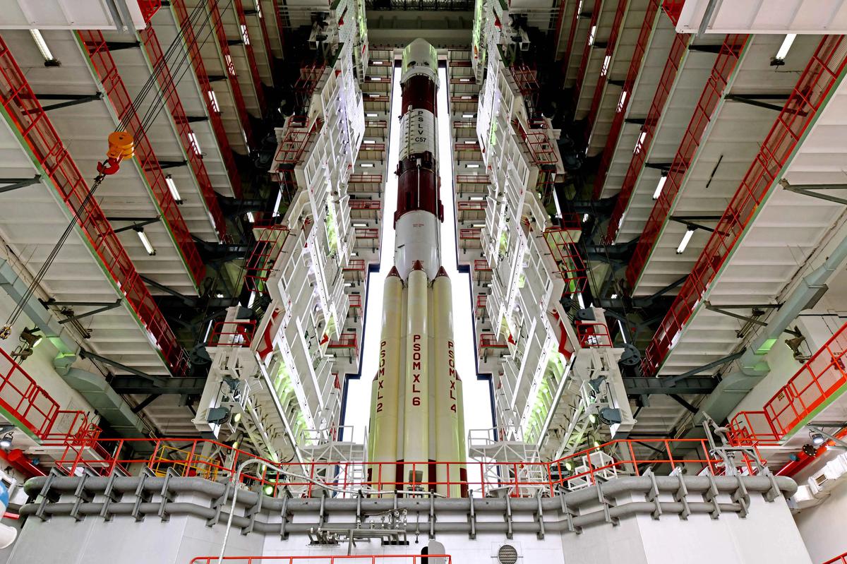The PSLV C57 launch vehicle in its XL configuration inside the Vehicle Assembly Building, ahead of launch.