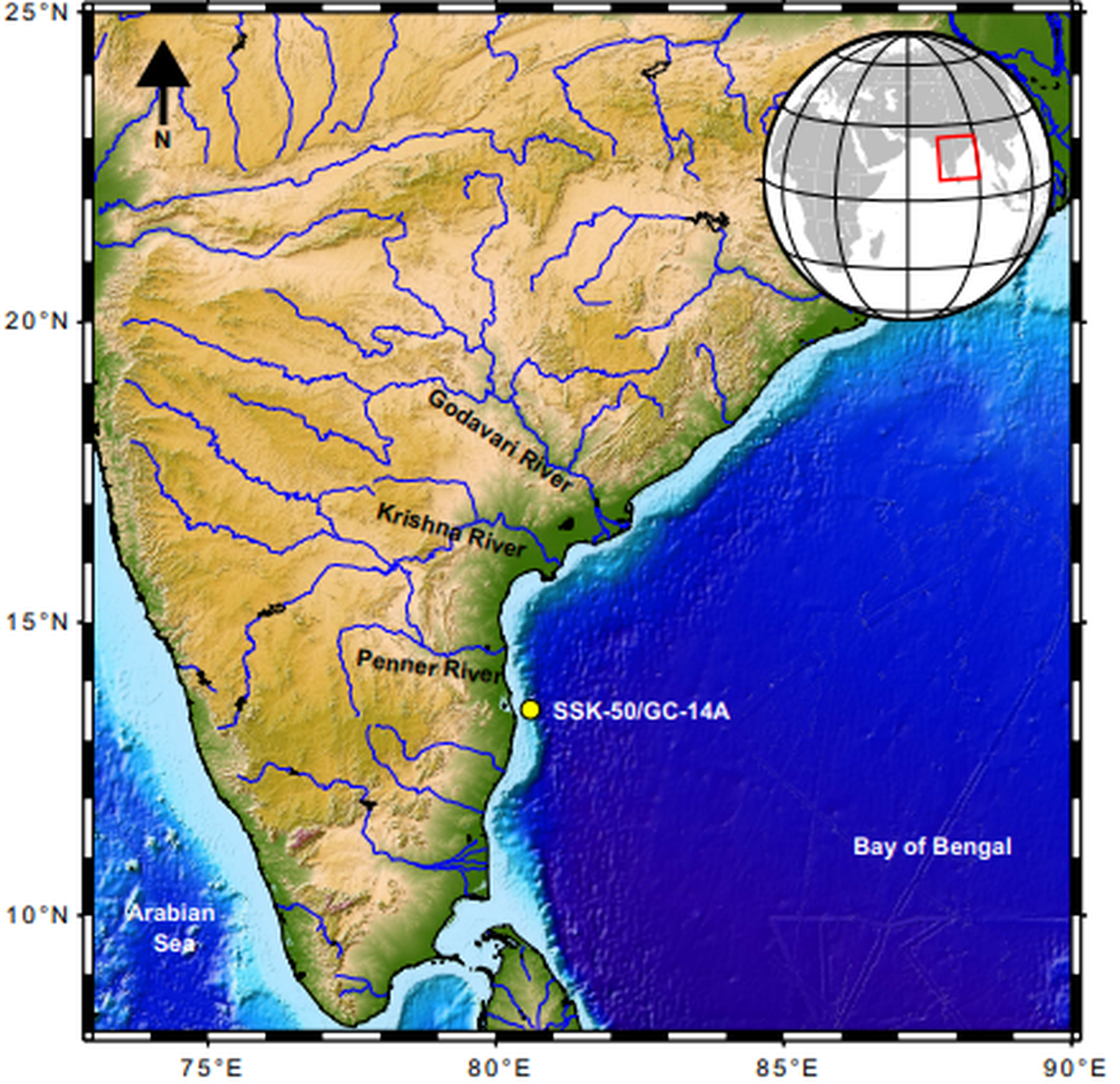 Sediments deposited at the core site originate predominantly from the Godavari, Krishna, and Penner Rivers, highlighted on the map.