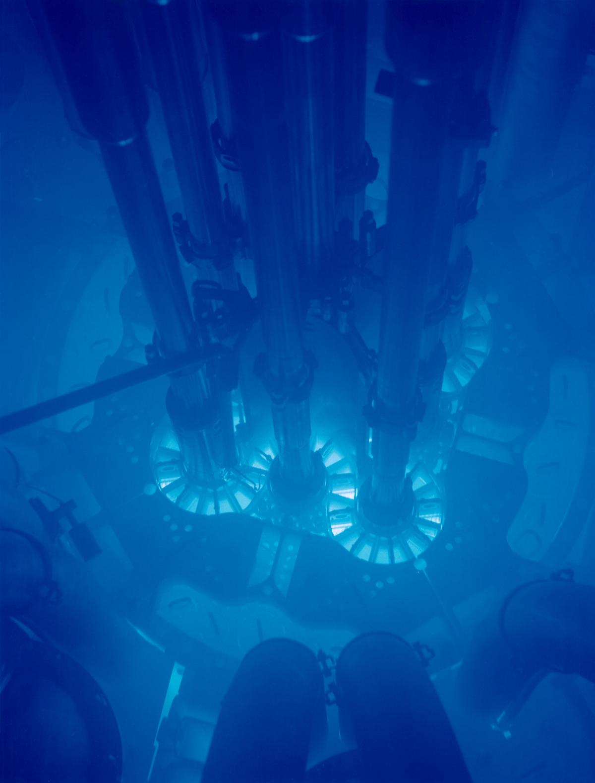 Cherenkov radiation glowing in the core of the Advanced Test Reactor at Idaho National Laboratory, 2009.