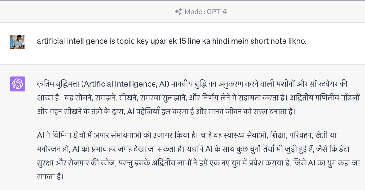 Viraj Kulkarni demande à GPT-4 d'écrire une courte note sur l'IA en hindi.