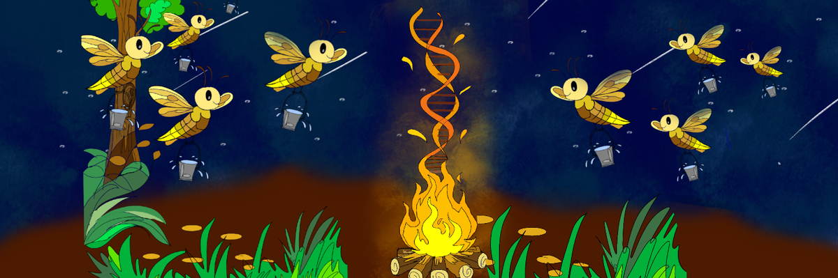 A pictorial representation of the study. The cell is like a forest, where a bonfire burns uncontrollably, denoting damaged DNA. Fireflies carry buckets of water (the RNA granules containing Scd6 protein, which pauses translation of Srs2 mRNA) to douse the fire.