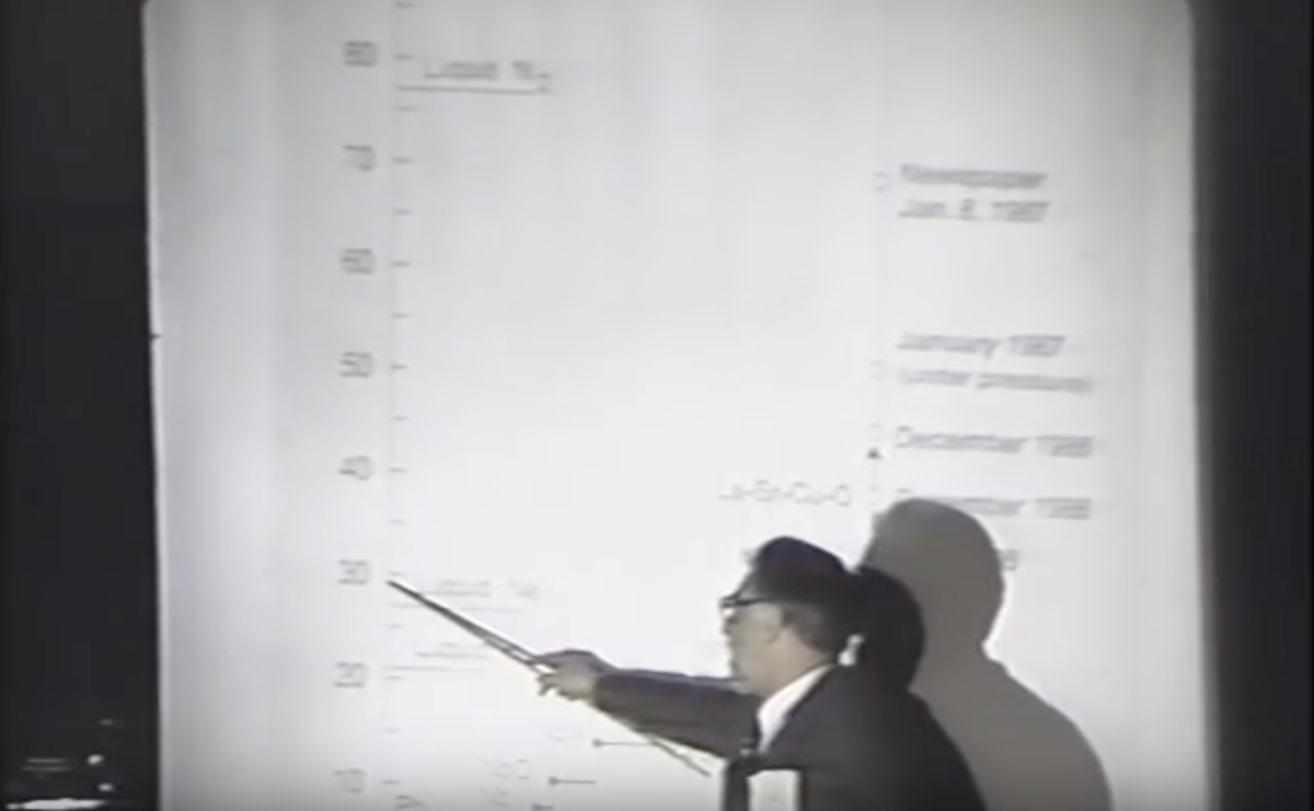 K. Alexander Müller presents his findings at the ‘Woodstock of physics’, March 1987.