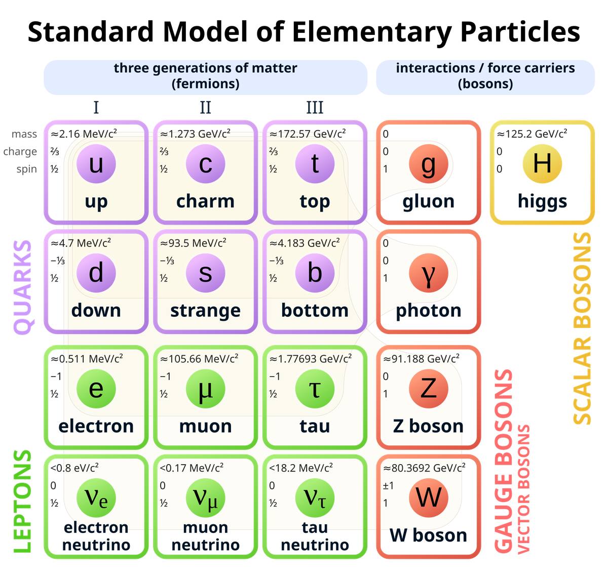 The (current) crop of fundamental particles making up matter as we know it and the different ways they can interact. The W and Z bosons mediate the weak force.