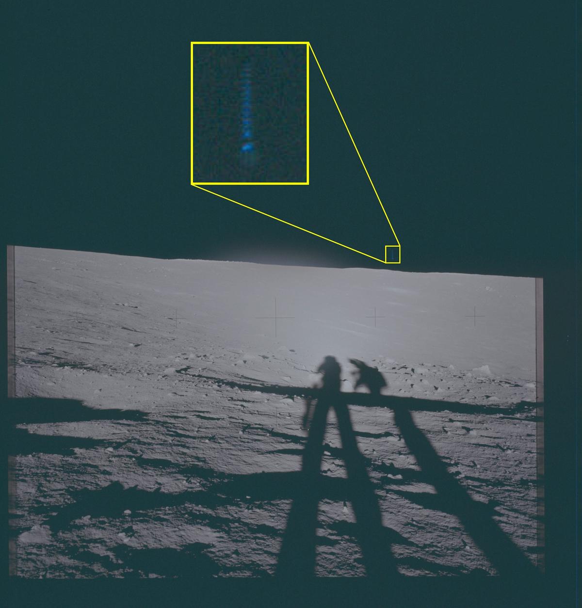 A photo taken during the Apollo 12 lunar mission appears to show unidentified light in the sky, with the area of interest magnified.
