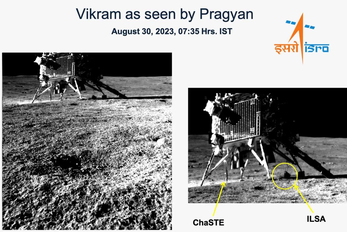 This image collage shows the location of the ChaSTE instrument onboard the Vikram lander. The lander was photographed by the Pragyan rover.