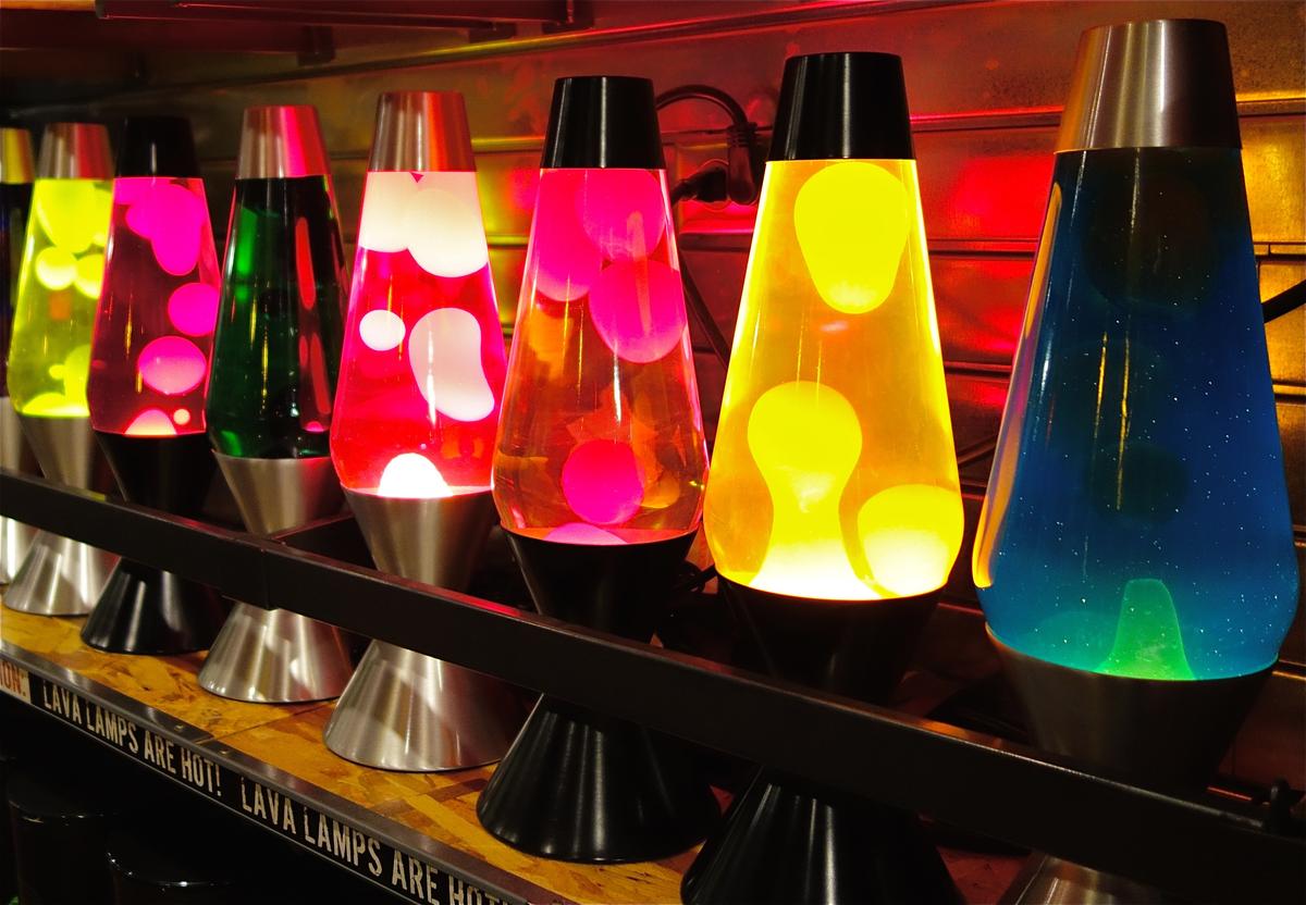 A shelf of lava lamps.              