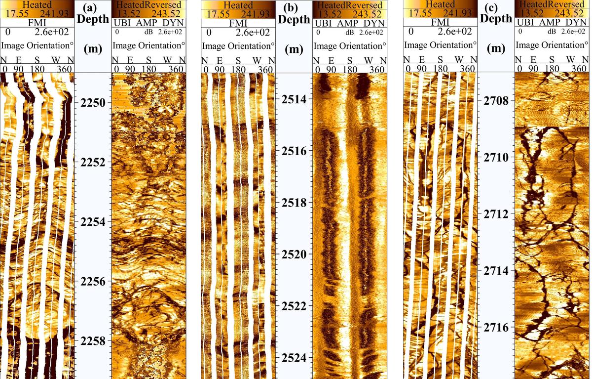 High-resolution images (electrical and acoustic) of the borehole wall at a depth of 2,248-2,718 m in the Koyna pilot borehole showing the presence of fault-fracture zones and rock deformation features in detail.