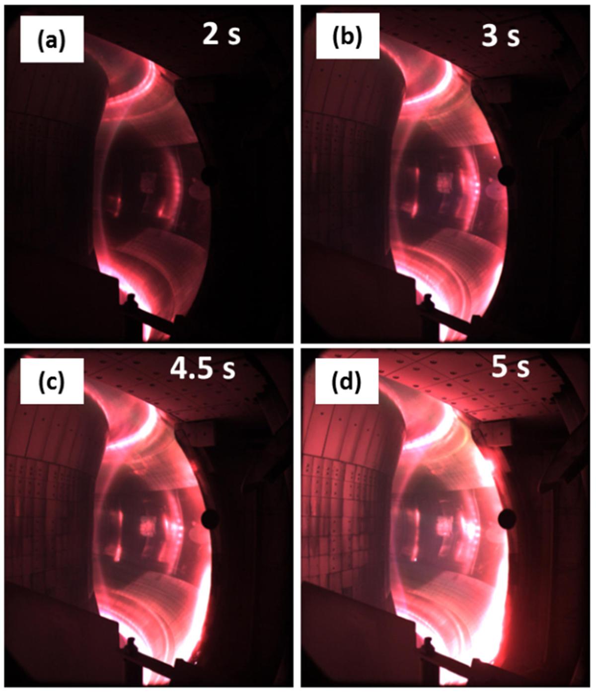 A fast visible wavelength camera’s images of plasma inside the EAST Tokamak at various times.