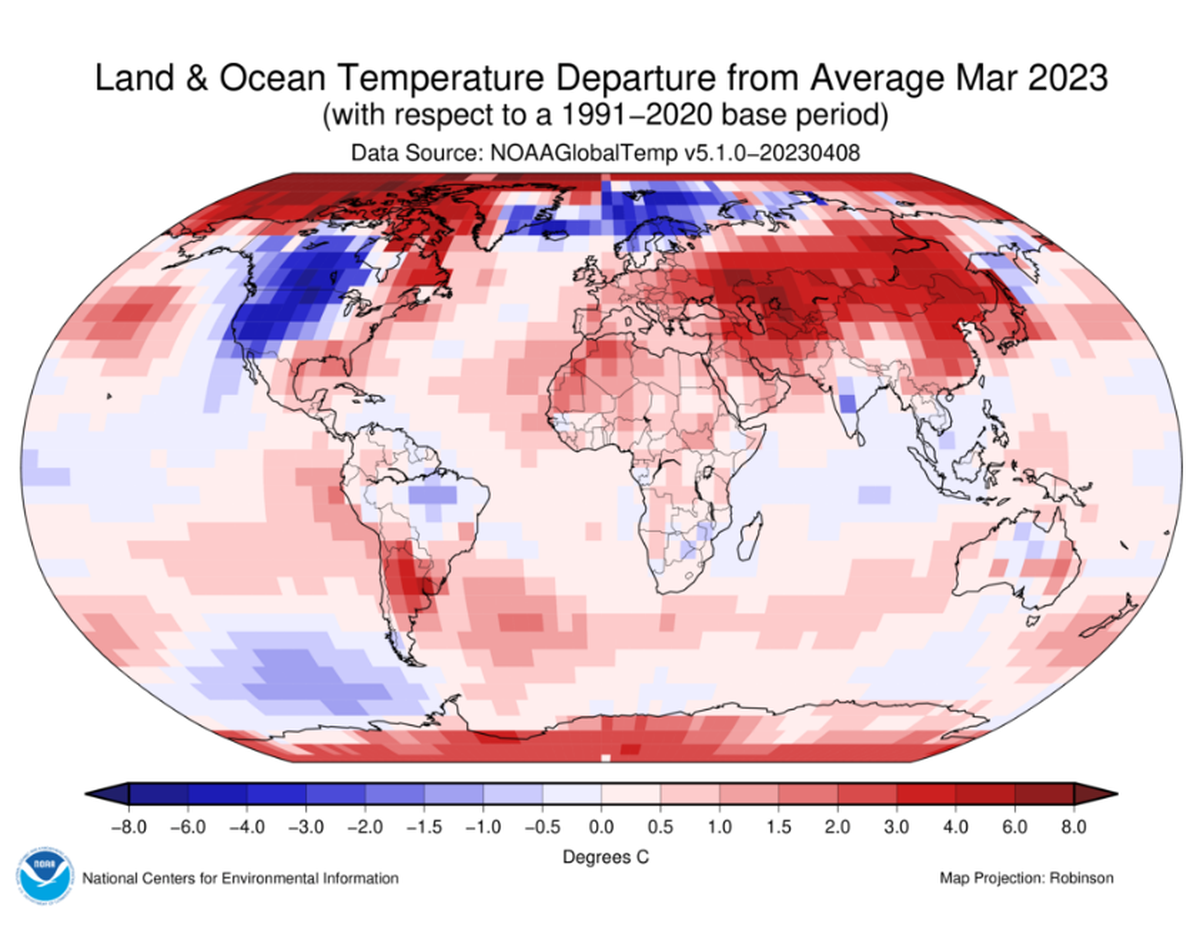 The distribution of temperature anomalies for March 2023 are determined by a combination of global warming and natural variability such as El Niño and La Niña.
