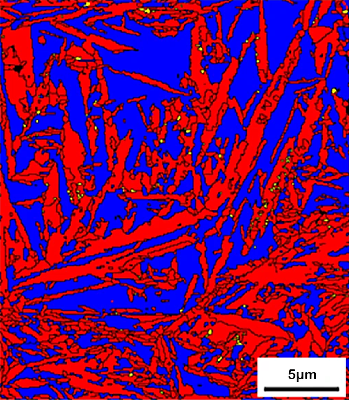 This electron micrograph of a steel sample shows two different types, or phases, of steel: softer, more workable austenite (blue) and harder, more brittle martensite (red). Steelmakers can vary the mix of the two by altering how they heat and cool a piece of steel.