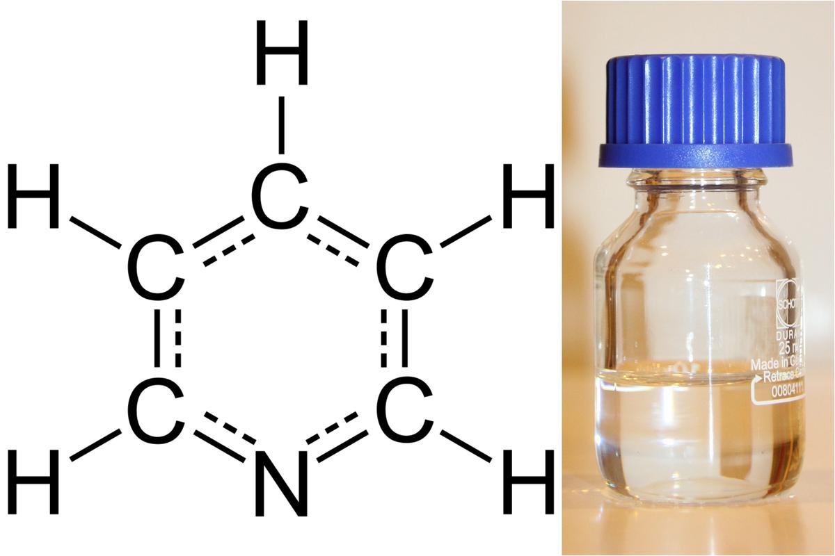 The molecular structure of pyridine (left) and a small container of the molecule as a colourless liquid. The molecular structure of pyridine (left) and a small container of the molecule as a colourless liquid.