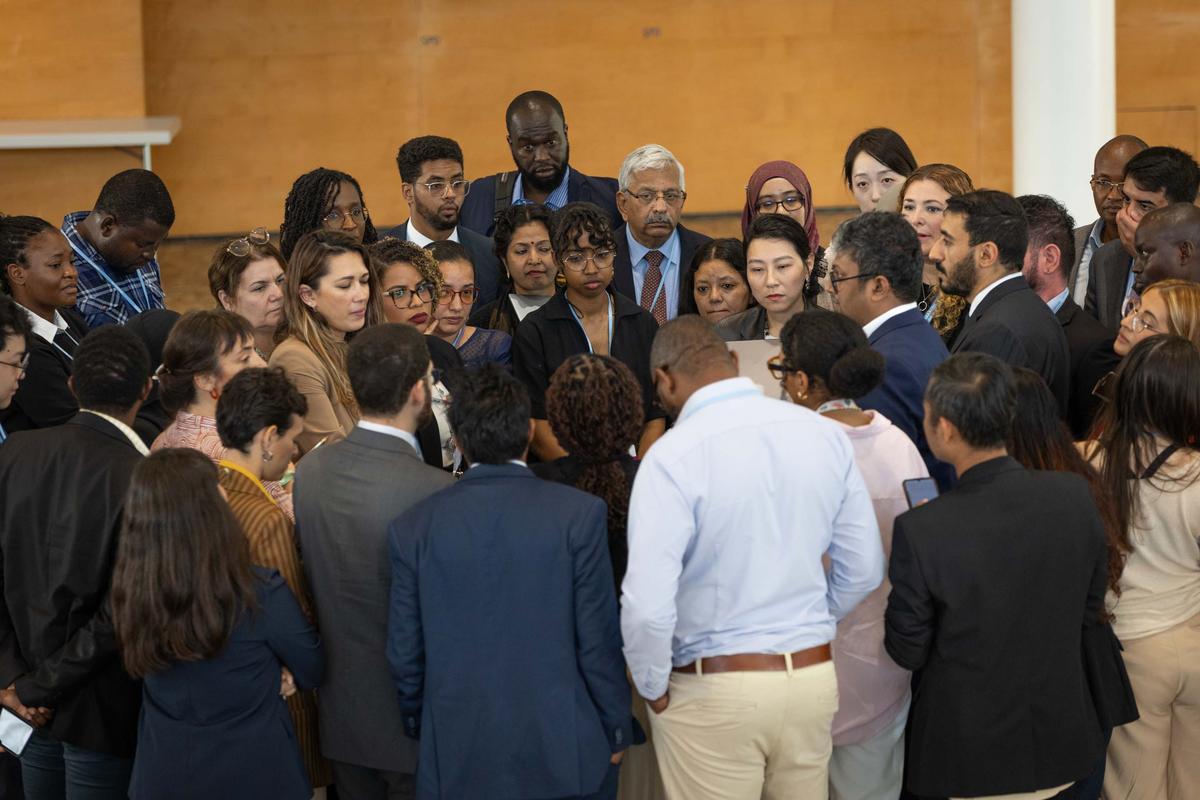 Members of the G-77/China huddle to find a way forward on the Global Goal on Adaptation, June 26, 2025. Members of the G-77/China huddle to find a way forward on the Global Goal on Adaptation, June 26, 2025.