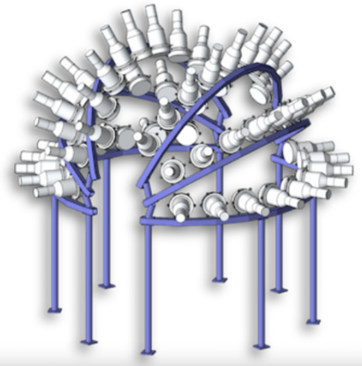 A computer-generated rendering of the liquid scintillator detector system at LANSCE. The Pu-240 sample is located at the centre and neutrons intended to bombard the sample enter from the bottom left side.