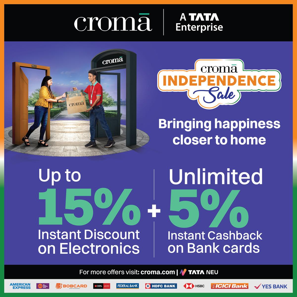 Shoppers can get up to 15% instant discount and unlimited 5% instant cashback on bank cards, per Croma