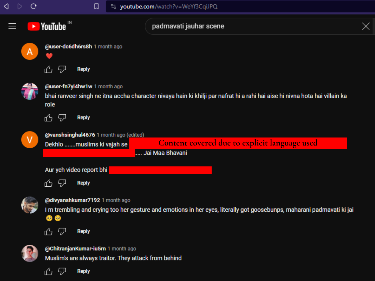 Screenshot of some YouTube comments, including Islamophobic hate speech, under the jauhar scene from the Padmaavat movie