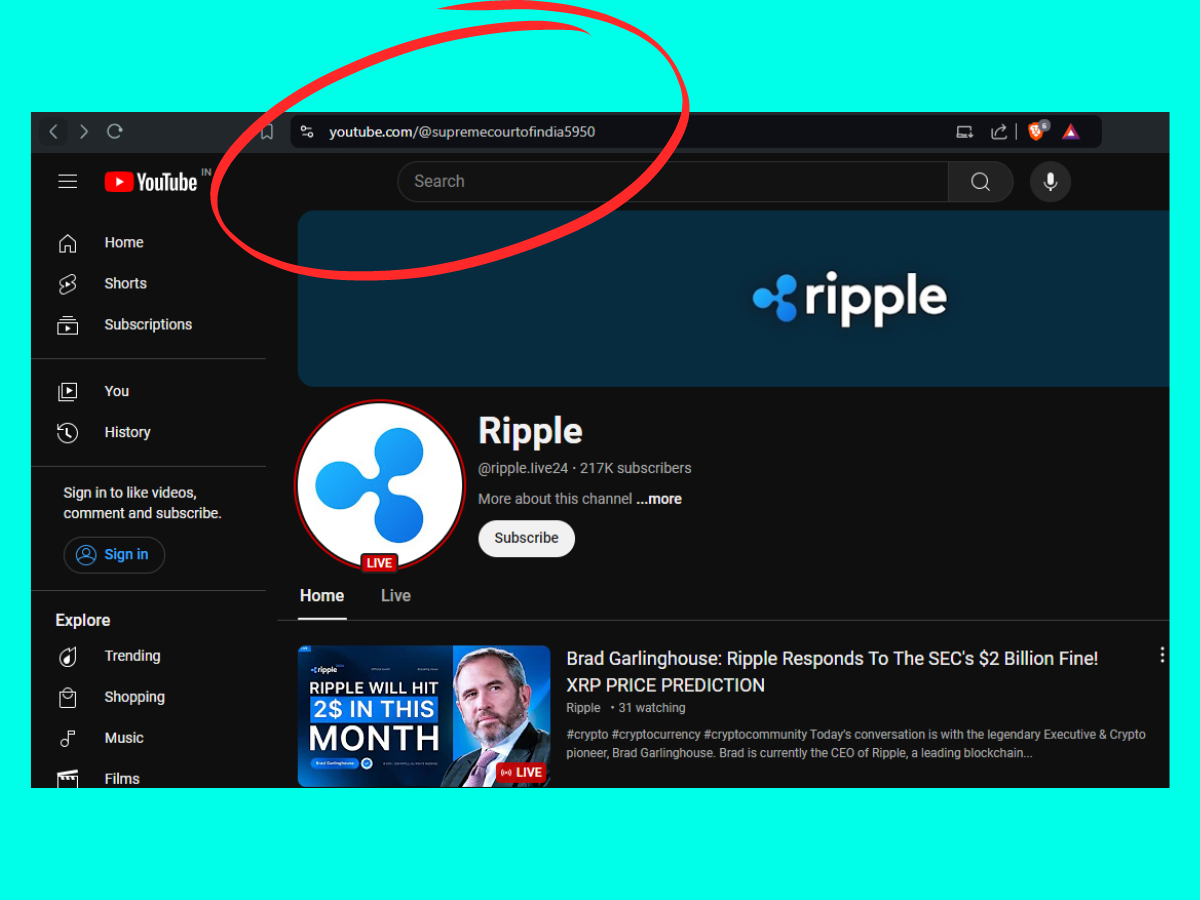 A screenshot shows the hacked channel being used to stream fraudulent XRP content 