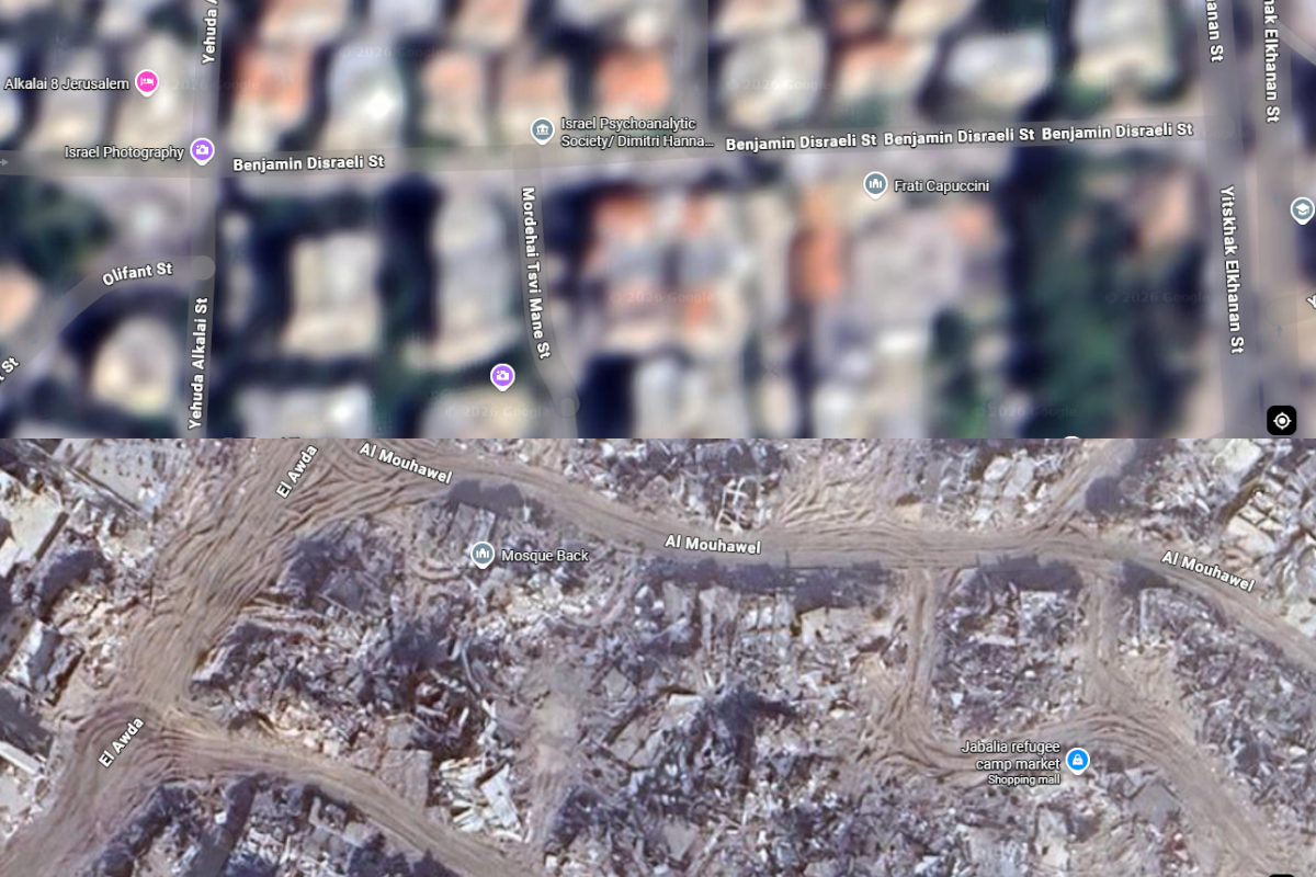 A comparison showing how locations on Google Maps can have different levels of clarity, featuring a blurry neighbourhood in Israel, pictured above, and  a clearer image of Gaza, pictured below