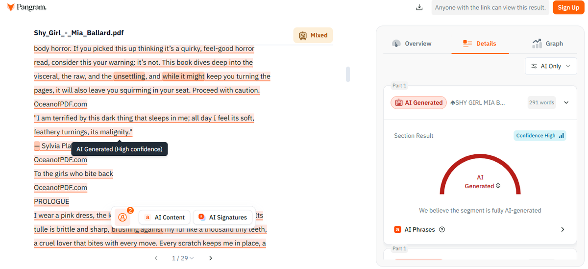 सिल्विया प्लाथ की कविता एल्म (1965 में संग्रह एरियल में प्रकाशित) की पंक्तियों को वर्गीकृत करने वाले एआई टेक्स्ट जेनरेटर का स्क्रीनशॉट, जब मिया बैलार्ड की पुस्तक के हिस्से के रूप में विश्लेषण किया गया तो संभवतः एआई उत्पन्न हुआ। सिल्विया प्लाथ की कविता एल्म (1965 में संग्रह एरियल में प्रकाशित) की पंक्तियों को वर्गीकृत करने वाले एआई टेक्स्ट जेनरेटर का स्क्रीनशॉट, जब मिया बैलार्ड की पुस्तक के हिस्से के रूप में विश्लेषण किया गया तो संभवतः एआई उत्पन्न हुआ।