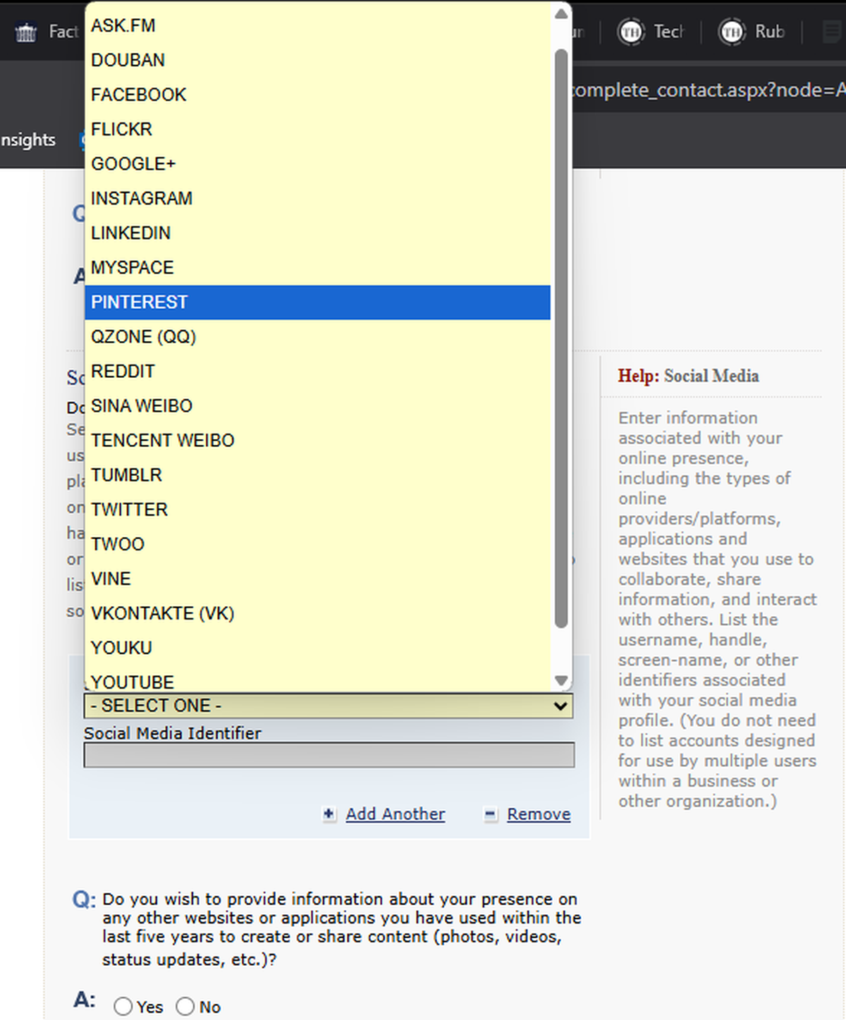 A screenshot shows how certain visa applicants are asked to list their social media handles A screenshot shows how certain visa applicants are asked to list their social media handles