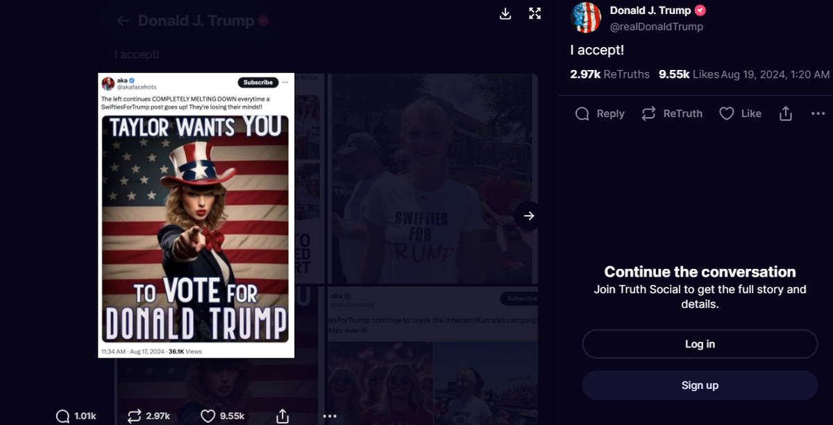 Trump uses a deepfake of Taylor Swift on Truth Social