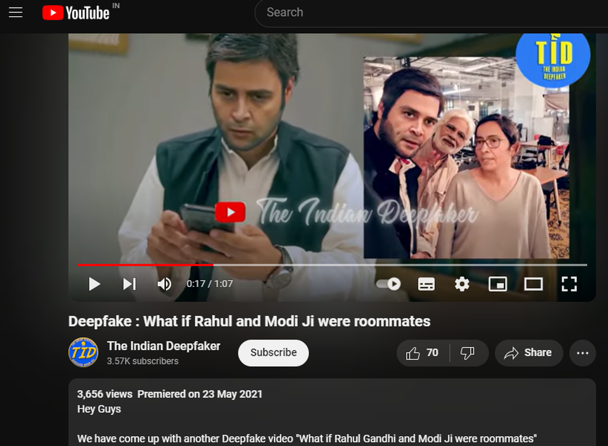 A screenshot of a video by The Indian Deepfaker, showing a skit that imagines Rahul Gandhi and Narendra Modi as bickering roommates