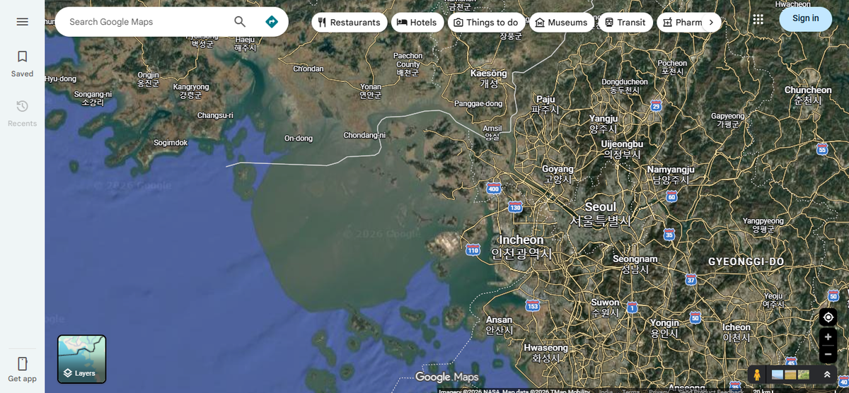 A screengrab from Google Maps showing the border between North and South Korea
