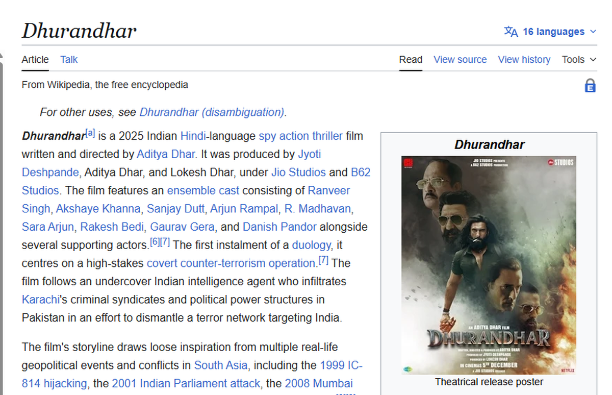 Screenshot della voce Wikipedia per 