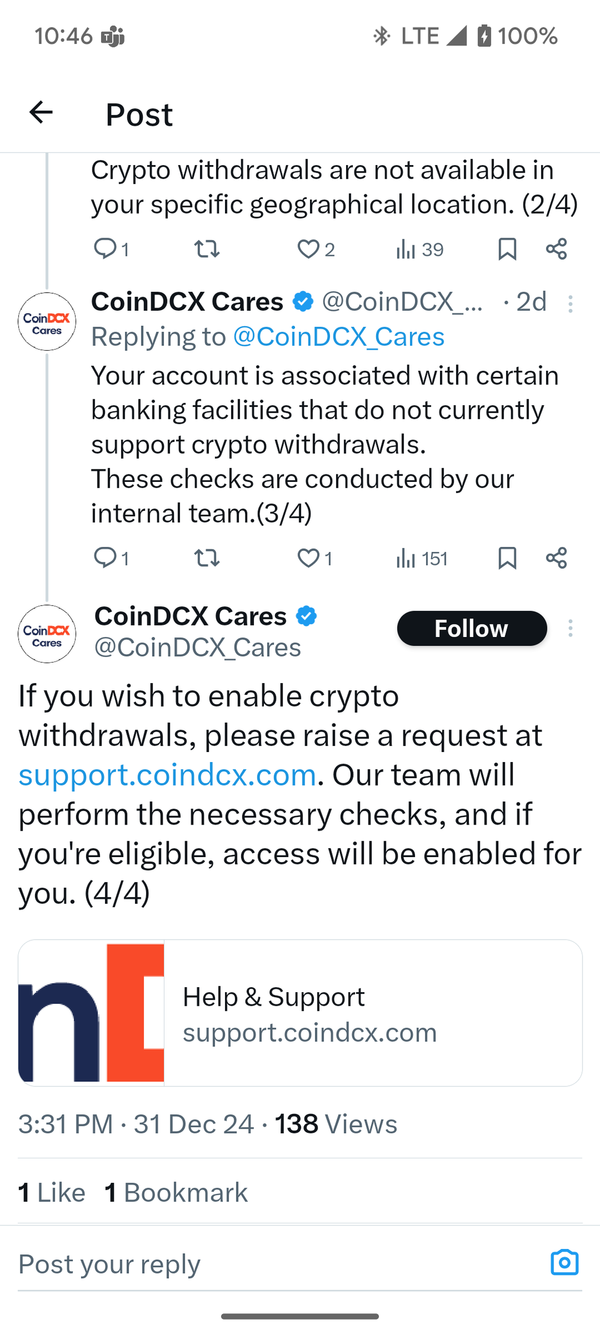 Schermafbeelding van een bericht van de CoinDCX Cares-handle