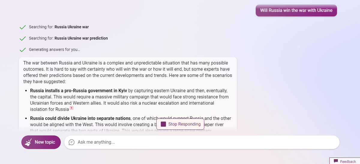 Microsoft Bing responding to outcomes of the Russia-Ukraine war. Microsoft Bing responding to outcomes of the Russia-Ukraine war.