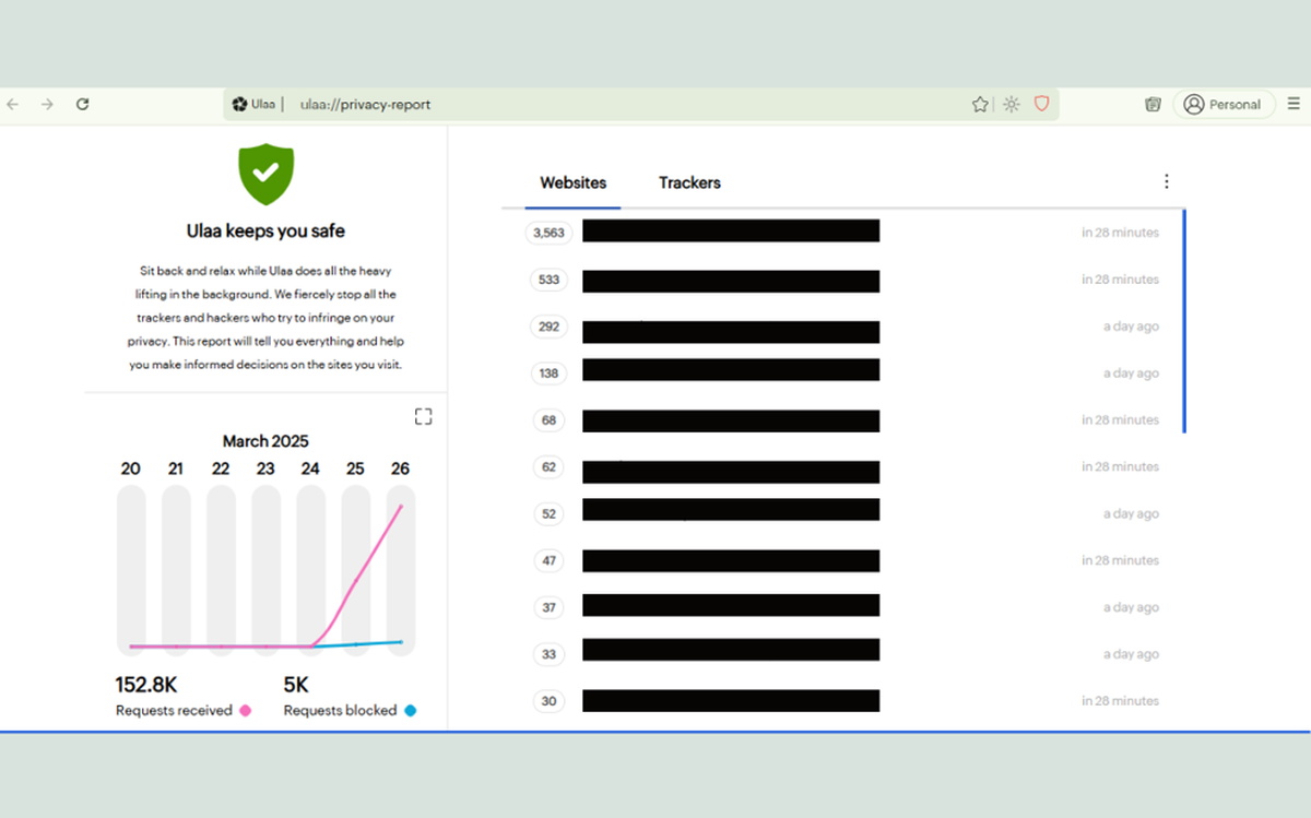 Ulaa provides a website-based breakdown of tracking activity; websites in the screenshot have been covered for user privacy Ulaa provides a website-based breakdown of tracking activity; websites in the screenshot have been covered for user privacy
