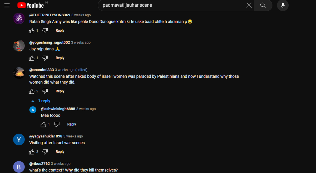 Screenshot of some YouTube comments left under the jauhar scene from the Padmaavat film