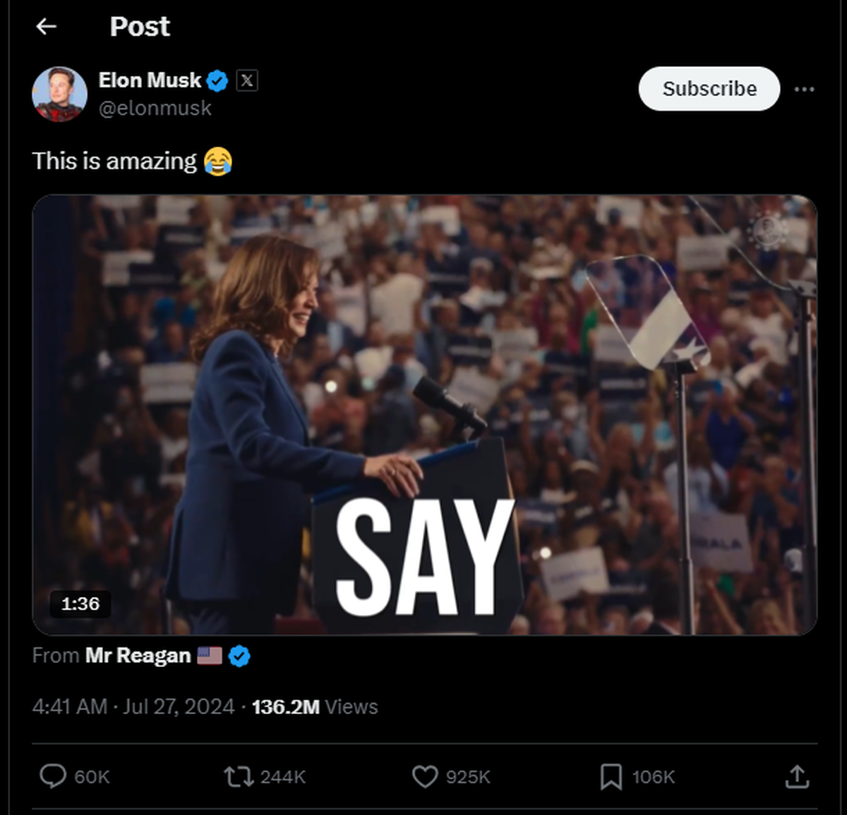 A screenshot of Elon Musk sharing a deepfake video featuring Harris