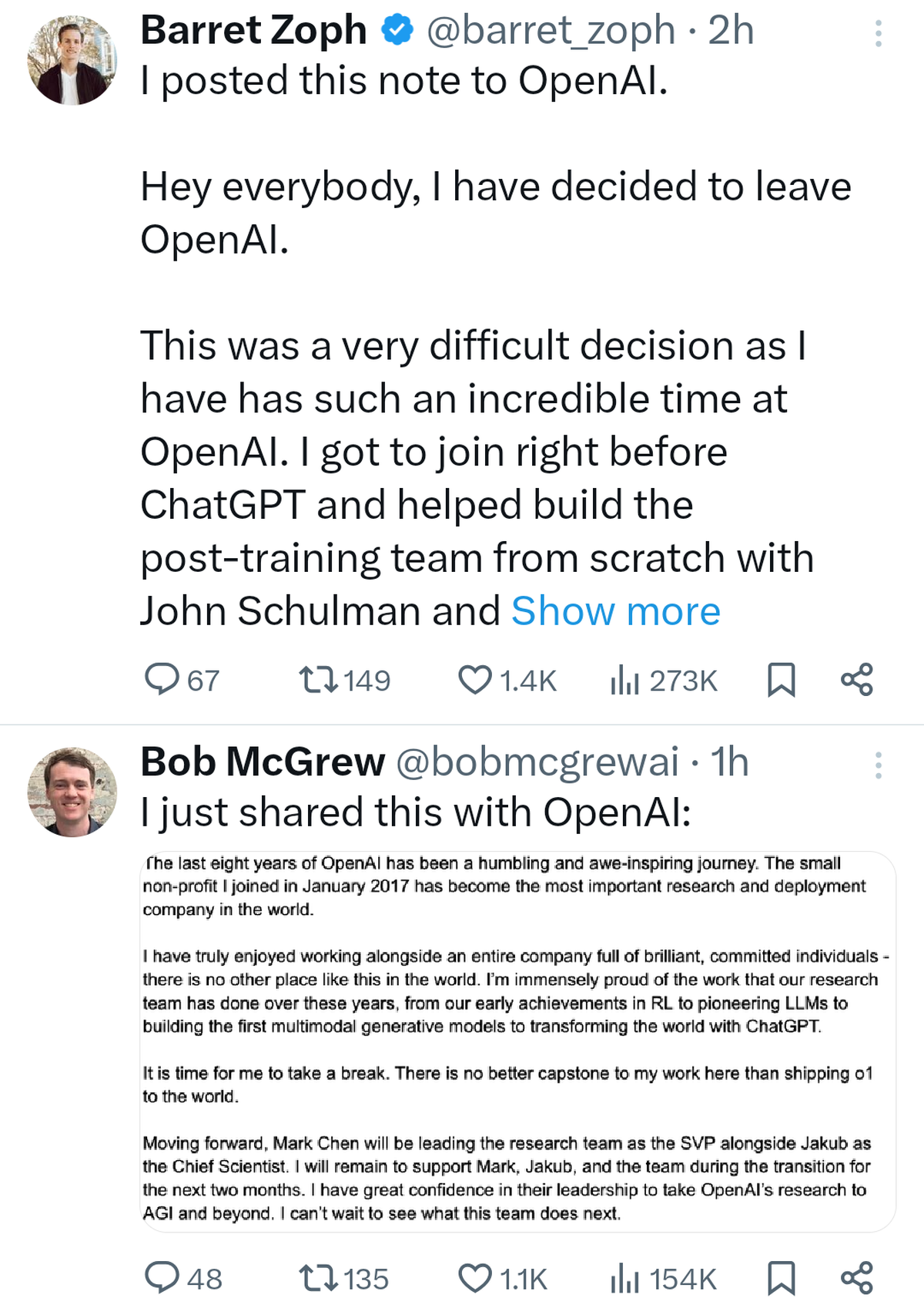 Chief Research Officer Bob McGrew and VP Research Barret Zoph also announced their departure from OpenAI