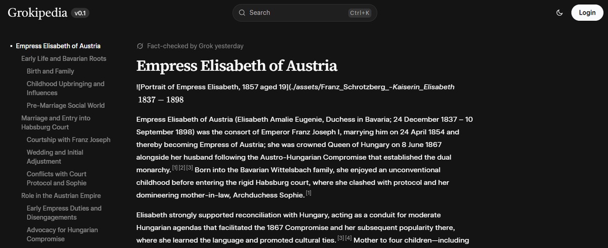 A screenshot of a sample Grokipedia entry A screenshot of a sample Grokipedia entry