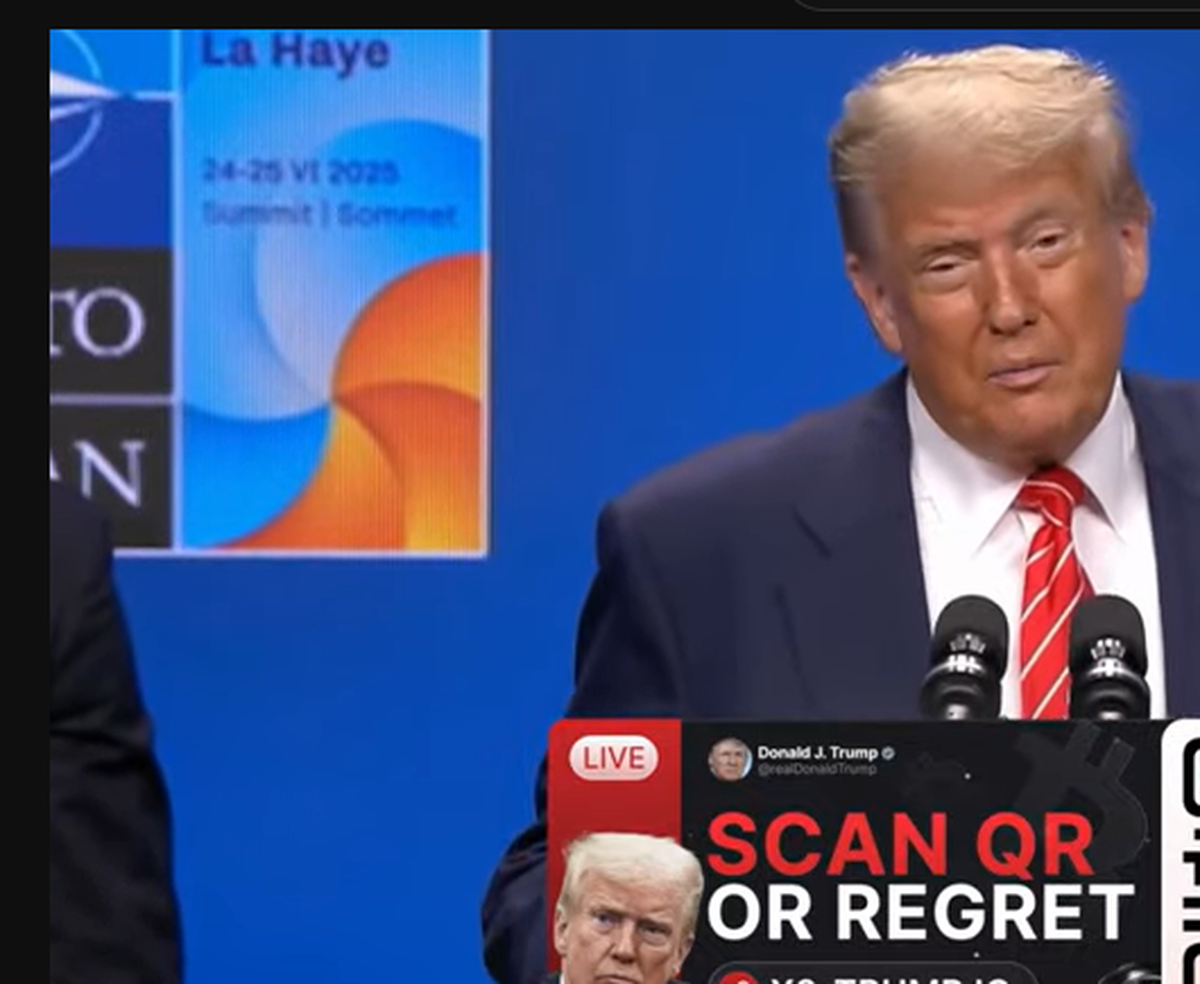 Screengrab of the deepfake video of Mr. Trump promoting crypto; cropped to obscure a fraudulent QR code and link