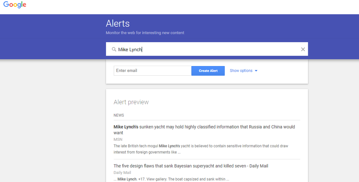 Screenshot of a sample Google Alert