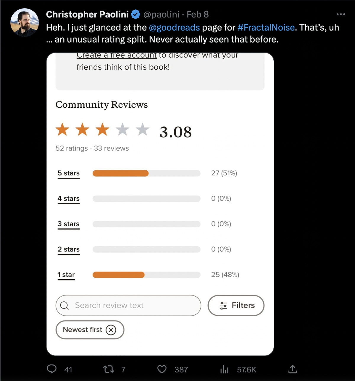 Screenshot showing both 5 and 1 star book reviews on Goodreads