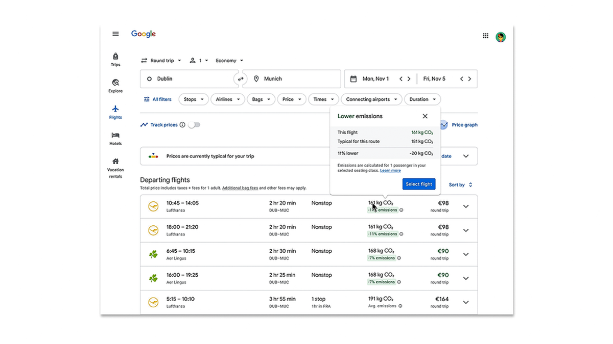 Google to let you know flights with lower carbon emissions