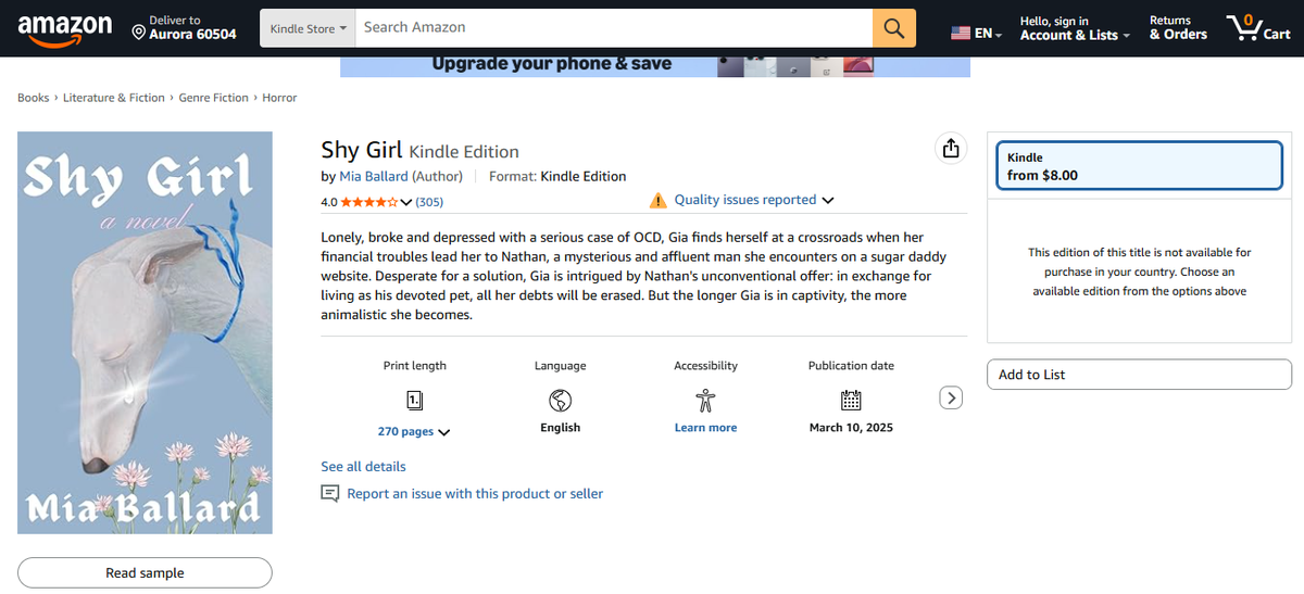 मिया बैलार्ड के शाइ गर्ल के स्व-प्रकाशित संस्करण के लिए Amazon.com पेज का स्क्रीनशॉट। मूल पुस्तक पर कवर आर्ट की चोरी का आरोप लगा था मिया बैलार्ड के शाइ गर्ल के स्व-प्रकाशित संस्करण के लिए Amazon.com पेज का स्क्रीनशॉट। मूल पुस्तक पर कवर आर्ट की चोरी का आरोप लगा था