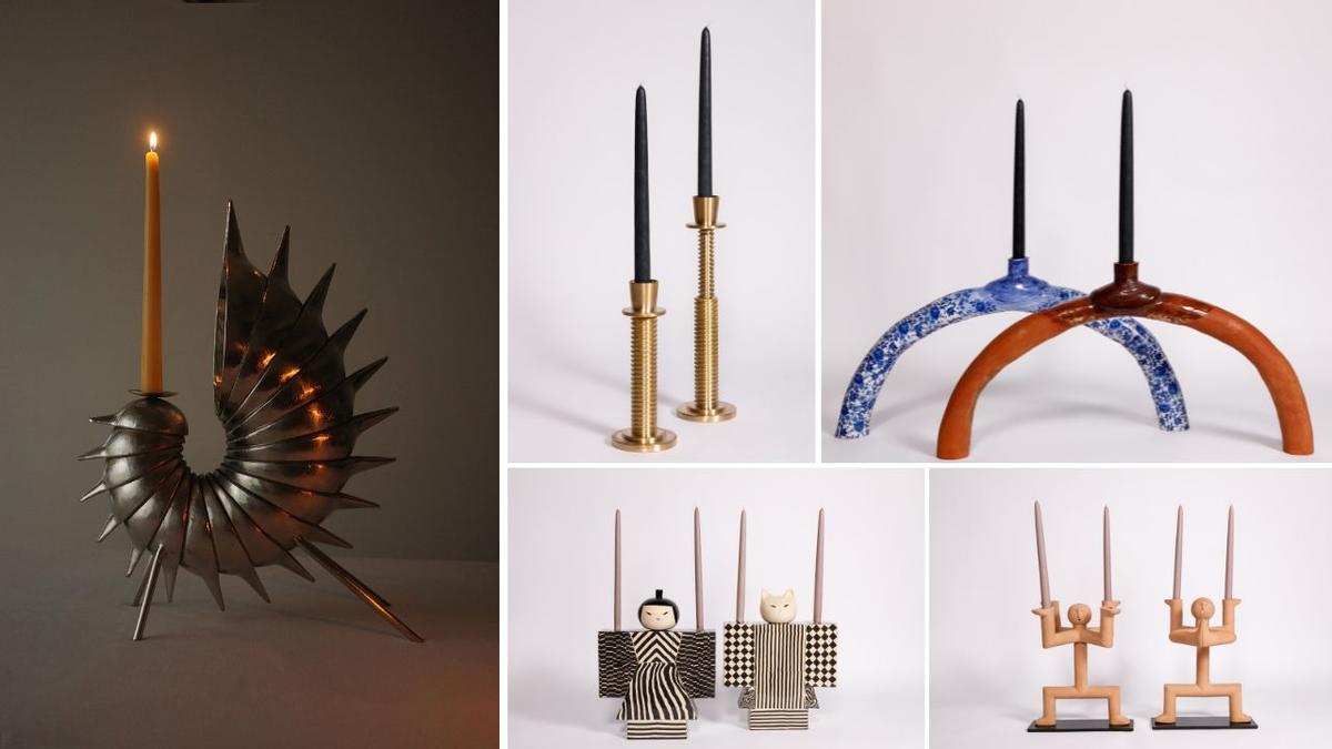 Candlestands (clockwise from far left) ‘Afterglow’ by Priyanka Shah; by Ananth Ramaswamy; ‘Your Perfect Tits’ by Nandini Chandavakar; Claymen; by Tosha Jagad.