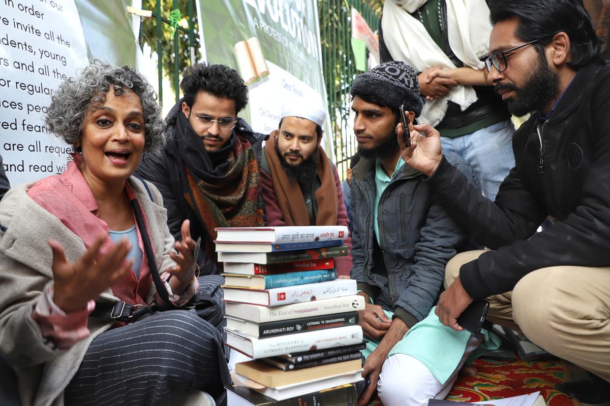 Arundhati Roy at Jamia Millia Islamia to show solidarity with students during an anti-CAA protest in New Delhi, India, on January 11, 2020. Arundhati Roy at Jamia Millia Islamia to show solidarity with students during an anti-CAA protest in New Delhi, India, on January 11, 2020.