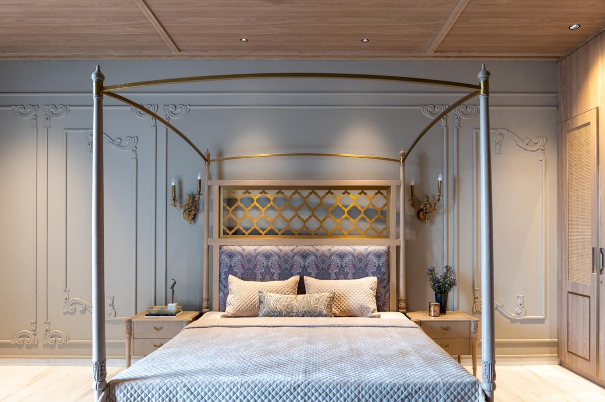 Vintage-inspired details and layered textures come together to create a bedroom that feels calm, timeless, and quietly elegant.