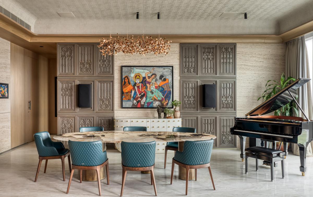 Wood panels add depth and architectural rhythm to the space.