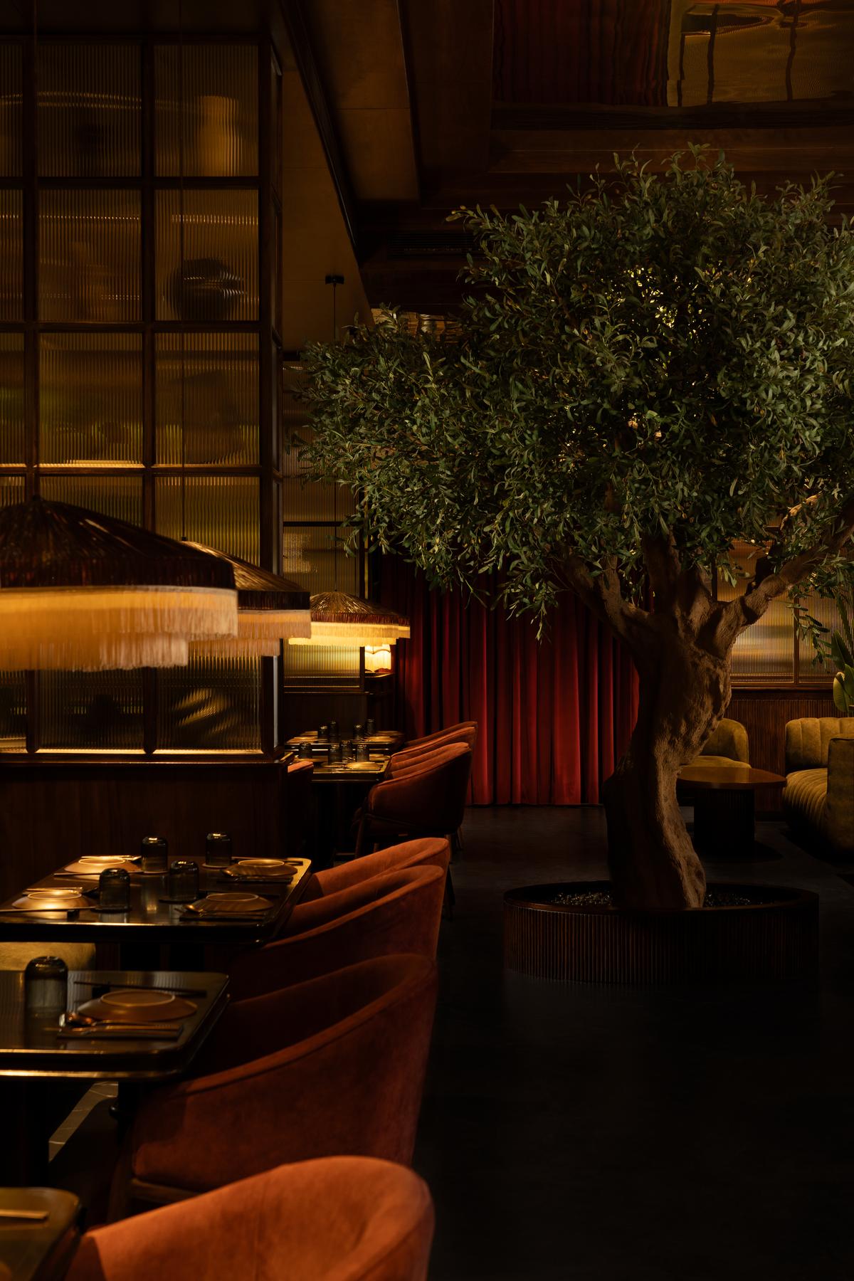 At Hikki, the studio employs Mid-Century nostalgia and neo-decadence, the layout accented by deep hues, textured surfaces, and vintage lighting.