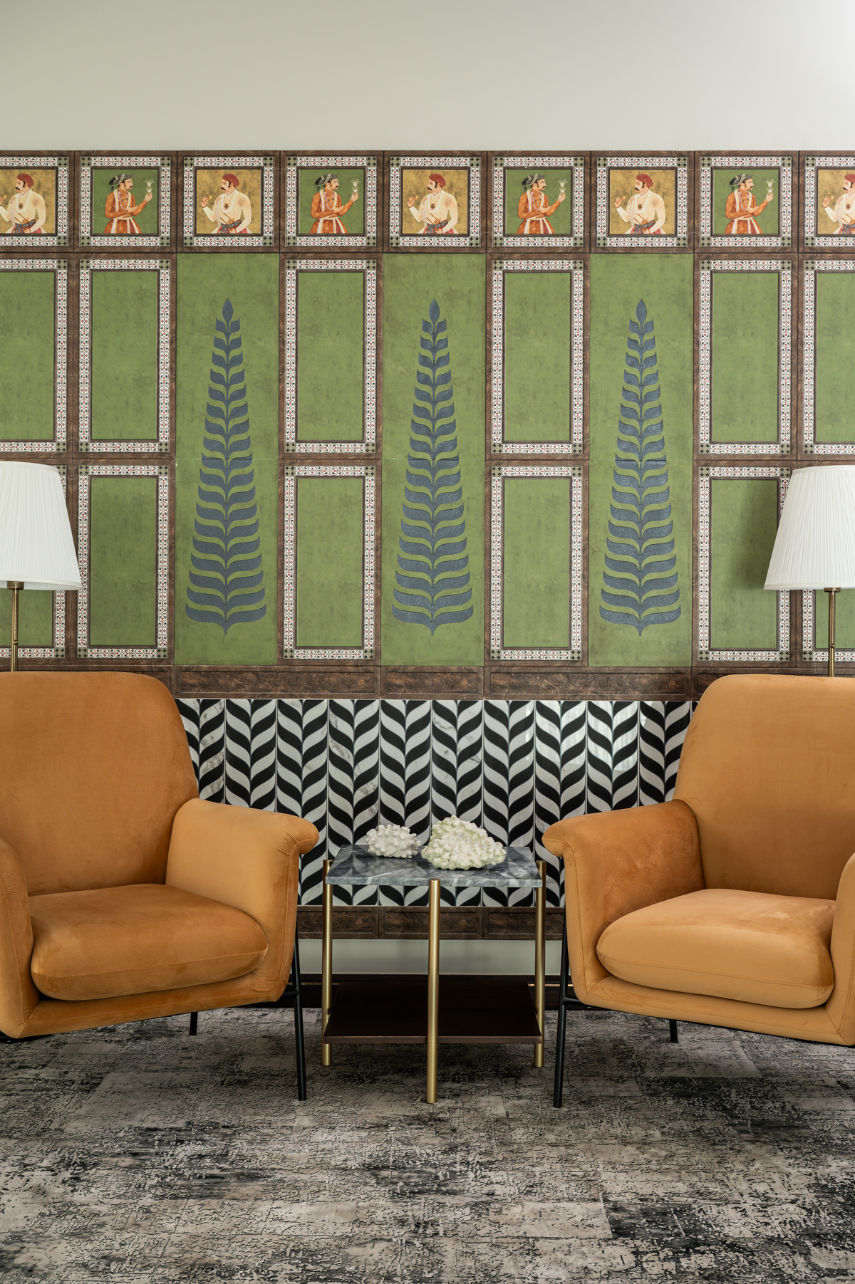 Pichwai-inspired statement wall crafted with JJ Valaya’s “Raja Rani” tiles for FCML.