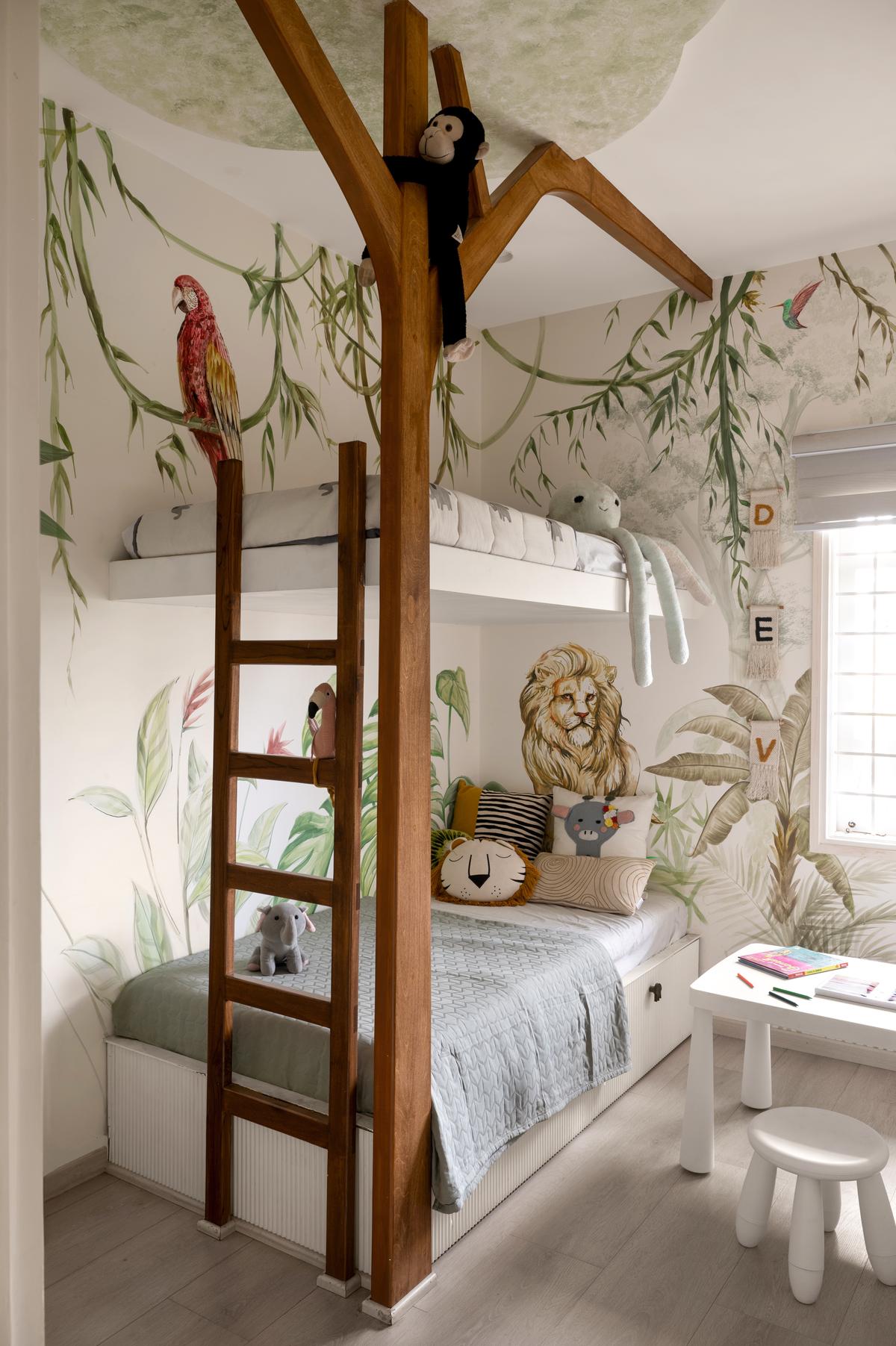 Compact yet creative, this joyous jungle room imagined by AD Studio9 in Pragati Nivasa makes the room feel expansive and stylish. 